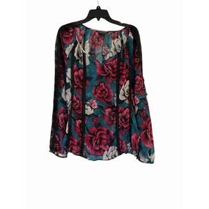 White House Black Market Sheer Floral Lace Trim Split Neck Blouse Size XL Roses